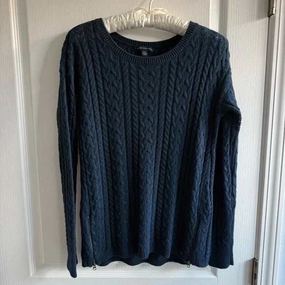 American Eagle Sweater Lightweight Blue Cable Knit Crewneck Zipped Sides Sz M - Picture 4 of 13